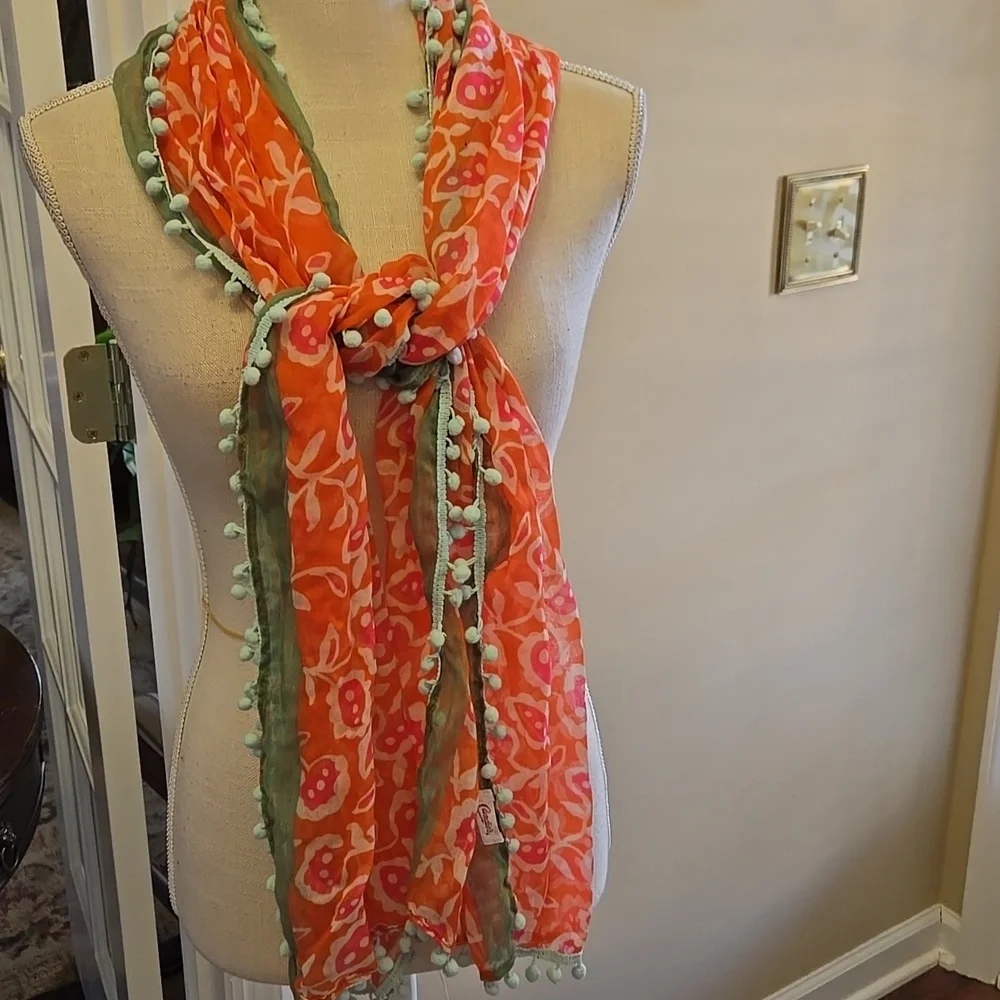 Candies Orange Pink Mint Sage Green Aqua Floral Scarf pompoms 68x18